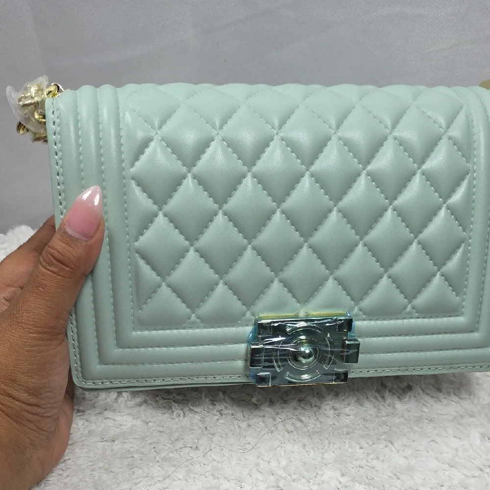 Quilted Mint Green Crossbody Bag with Gold Chain